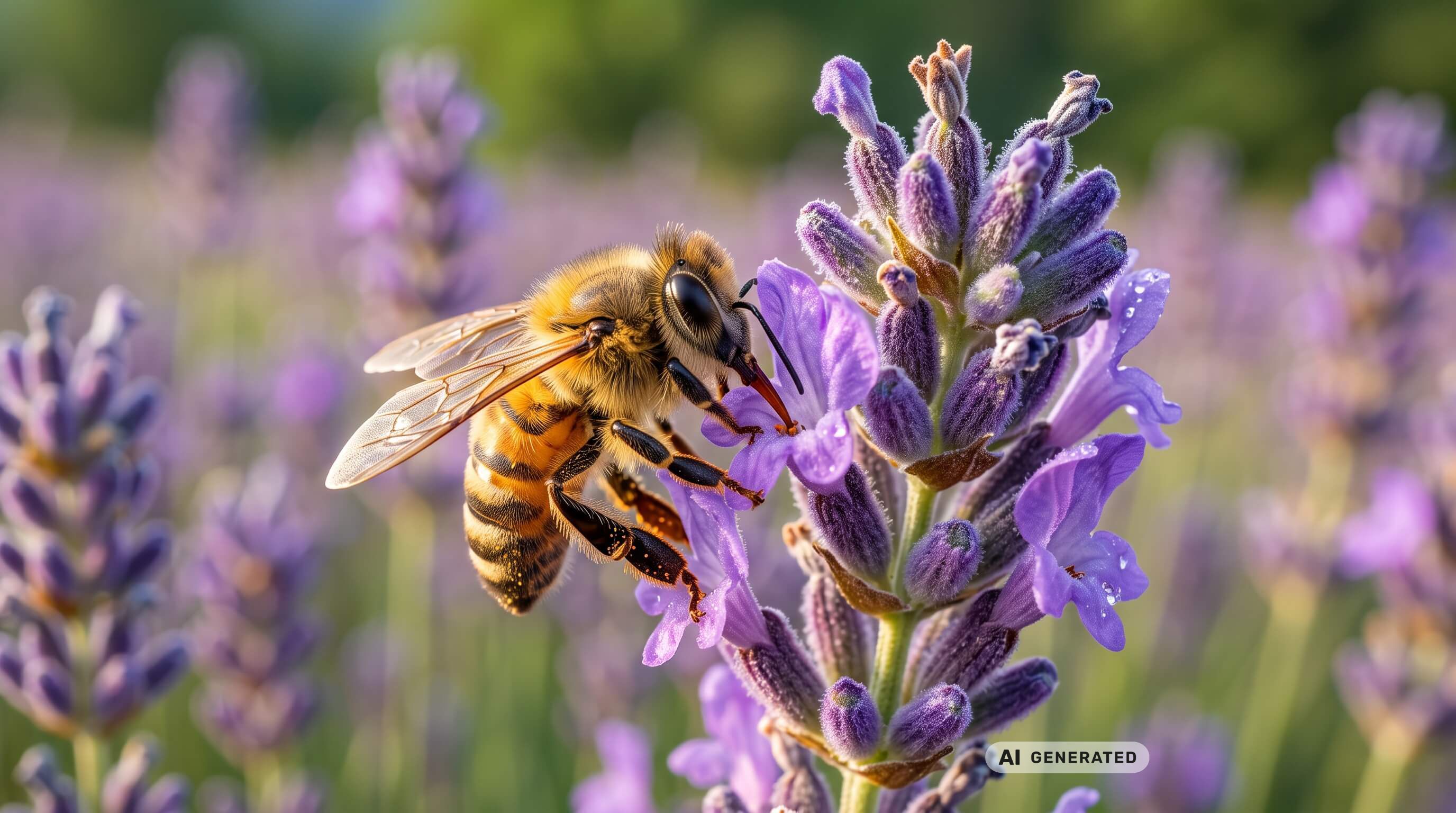 Eine Biene sitzt auf einer fliederfarbenen Blüte