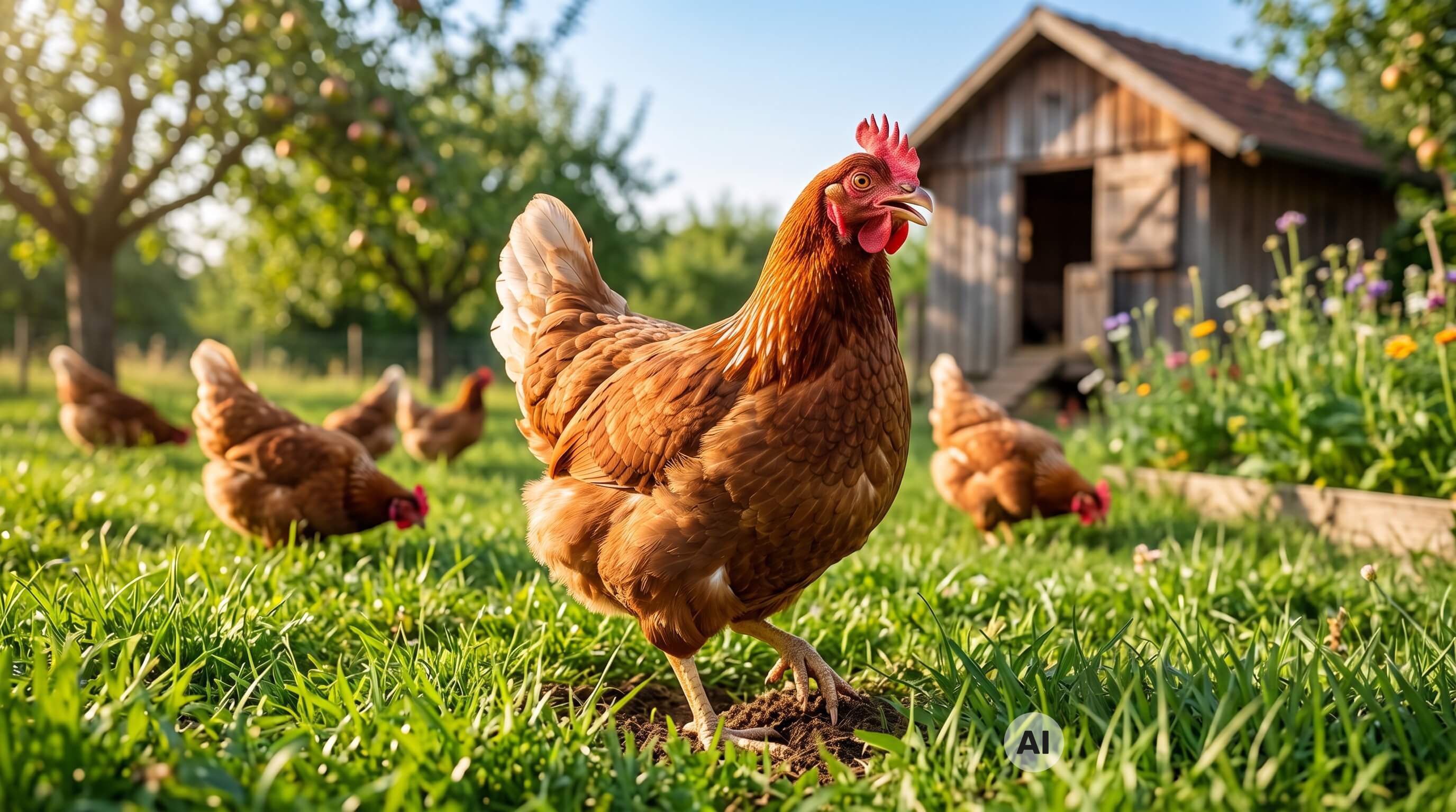 Ein braunes Huhn scharrt auf der grünen Wiese.
